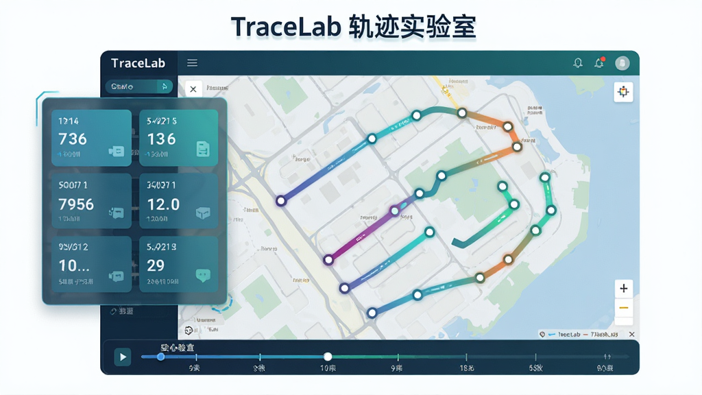 主体:TraceLab 轨迹实验室软件界面,显示地图上的彩色轨迹线路。布局:界面中央为地图,左侧悬浮数据面板,底部时间轴。排版:简洁的科技感布局,数据以卡片形式悬浮。风格:扁平化设计,蓝绿色科技色调。细节:地图上分布多个坐标点,轨迹线带有渐变效果,屏幕上方显示“TraceLab 轨迹实验室”字样。画质:4K高清,干净,无多余元素。
