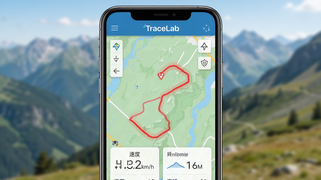 主体:TraceLab 轨迹实验室在户外场景下记录轨迹的界面。布局:手机屏幕占据画面中央,背景为模糊的山地景色。排版:屏幕内显示地图轨迹和实时速度、海拔数据。风格:写实与UI结合,色彩明亮。细节:手机屏幕上的轨迹线为红色,数据面板显示“速度 5.2km/h”,顶部有“TraceLab”标识。画质:高清,干净,无多余元素。