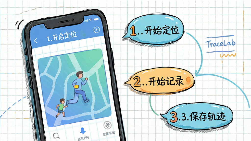 主体:TraceLab 轨迹实验室使用教程示意图。布局:手机屏幕放大展示,旁边标注步骤序号。排版:步骤以气泡形式连接,背景为网格纸风格。风格:手绘插画与截图结合,明亮色调。细节:手机屏幕显示轨迹记录界面,标注“1.开启定位”、“2.开始记录”、“3.保存轨迹”。画质:高清,干净,无多余元素。
