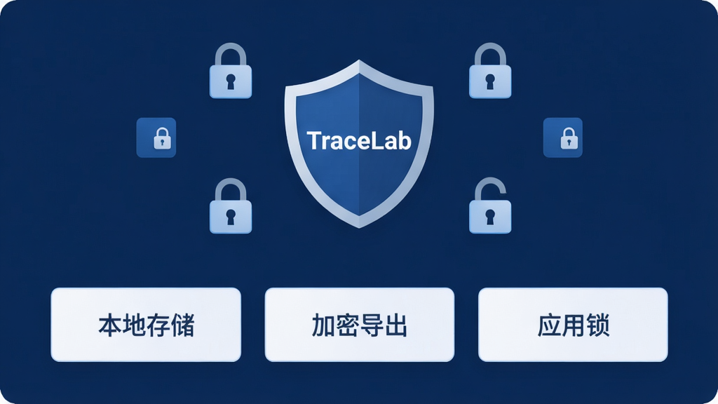 主体:TraceLab 轨迹实验室数据安全界面。布局:中心为盾牌图标,周围环绕加密锁和本地存储标识。排版:图标居上,下方列出“本地存储”、“加密导出”、“应用锁”三个选项。风格:简约安全风格,深蓝色背景。细节:盾牌上写有“TraceLab”字样,选项以卡片形式排列。画质:高清,干净,无多余元素。