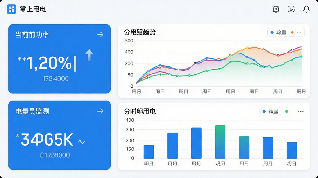 掌上用电软件实时用电监测功能界面截图,左侧显示当前功率和电量数据卡片,右侧是彩色折线趋势图,下方为分时段用电柱状图,整体UI设计现代简约,蓝色主色调,白色背景,画面清晰,布局规整,画质干净,无多余元素