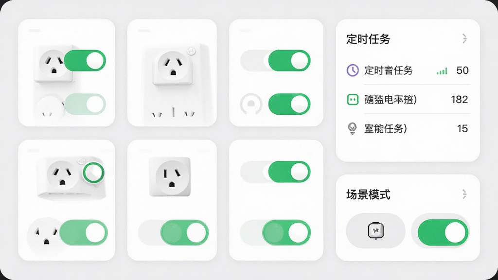 掌上用电智能设备联动控制面板预览图,界面中展示多个智能插座和电器的开关状态卡片,包含定时任务列表和场景模式按钮,背景为淡灰色,卡片圆角设计,开关按钮为绿色,整体风格清爽,布局合理,画质清晰,无多余元素