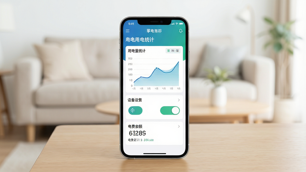 一张智能手机展示掌上用电APP主界面的高清图片,界面清晰显示用电量统计图表、设备控制开关和电费余额信息,手机放置在简洁的木质桌面上,背景为浅色客厅环境,画面干净明亮,构图居中,突出APP界面细节,画质细腻,无多余元素