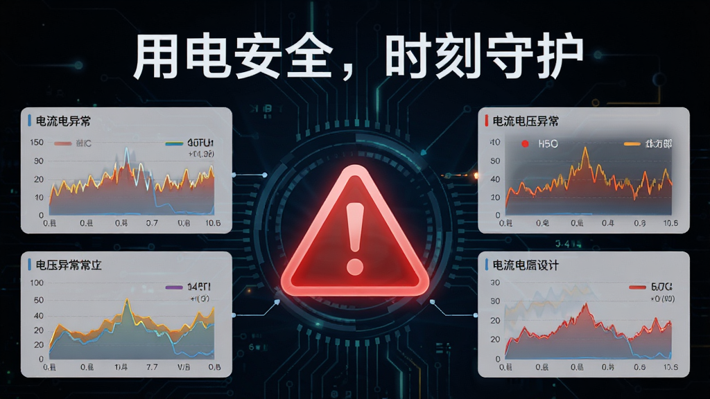 掌上用电安全预警功能示意图片,界面中央显示红色警告标志,周围环绕电流电压异常数据图表,背景为深色科技感风格,文字“用电安全,时刻守护”置于顶部,画面有冲击力,构图饱满,细节丰富,画质高,无多余元素