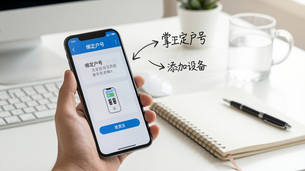 掌上用电使用教程场景图,手机屏幕上显示绑定户号和添加设备的操作步骤,旁边有手写箭头指示,背景为明亮的工作台,有笔记本和水杯,画面真实自然,光线柔和,细节清楚,画质高清,无多余元素