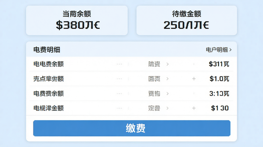 掌上用电电费账单管理页面展示,界面顶部显示当前账户余额和待缴金额,中部为电费明细列表,底部为缴费按钮,背景浅蓝,卡片式设计,文字清晰,数字醒目,整体简洁商务风格,画质干净,无多余元素