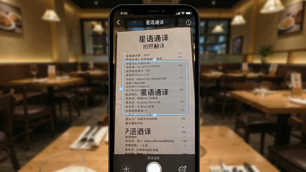 一张展示星语通译拍照翻译功能的模拟界面,手机屏幕对准一张带有外文文字的菜单,屏幕上文字被框选并显示对应的中文翻译,背景为餐厅环境,构图突出手机屏幕与翻译效果,画面清晰,色彩真实,画质高清,无多余元素