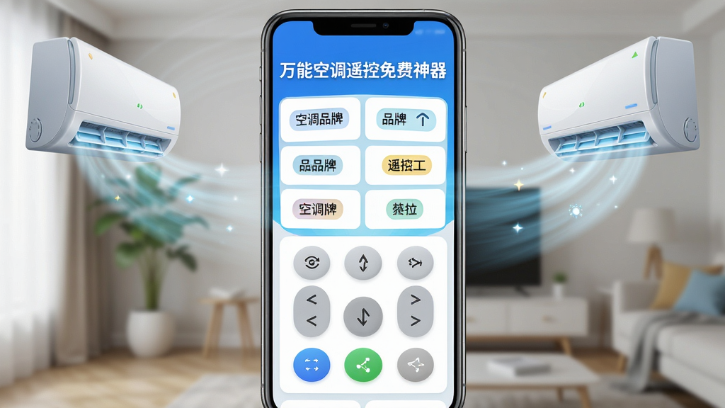 主体:一部智能手机屏幕显示万能空调遥控免费神器的操作界面,界面中有空调品牌列表和虚拟遥控按钮。布局:手机居中,界面清晰展示。排版:简洁明了,按钮排列整齐。风格:现代科技感,色彩明亮。细节:屏幕中显示“万能空调遥控免费神器”字样,周围有空调出风的动态效果。画质:高清,干净,无多余元素。