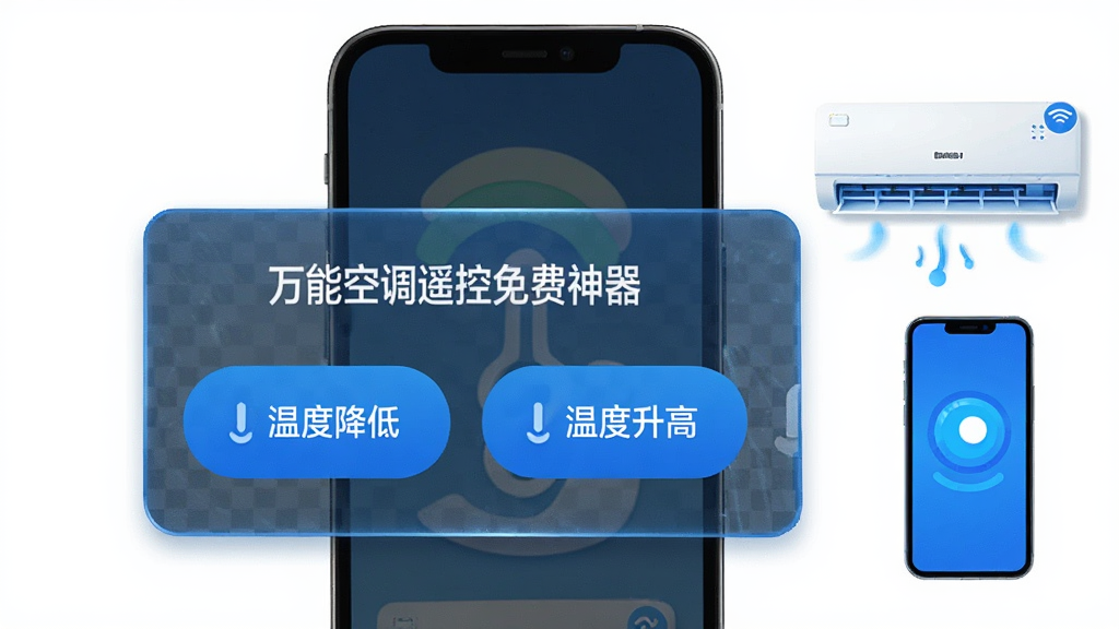主体:手机屏幕上显示万能空调遥控免费神器的悬浮窗,旁边有空调和手机示意图。布局:手机居中,悬浮窗放大显示。排版:简洁,突出悬浮窗按钮。风格:蓝色科技风。细节:悬浮窗上有“温度降低”、“温度升高”按钮,背景为透明。画质:高清,干净,无多余元素。