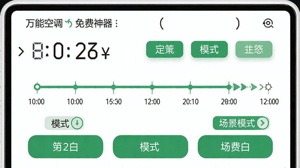 主体:万能空调遥控免费神器的定时设置界面,显示时间轴和模式选项。布局:时间轴横向排列,模式按钮在下方。排版:清晰直观,操作便捷。风格:现代简约,绿色调。细节:屏幕上有“定时开关”和“场景模式”标签,背景为白色。画质:高清,干净,无多余元素。