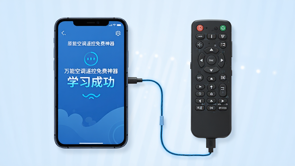 主体:手机正在学习原装空调遥控器的红外信号,屏幕上显示“学习成功”提示。布局:手机与遥控器并排,信号线连接。排版:界面简洁,提示醒目。风格:科技感,蓝色调。细节:手机屏幕上有“万能空调遥控免费神器”字样,背景为淡蓝色渐变。画质:高清,干净,无多余元素。