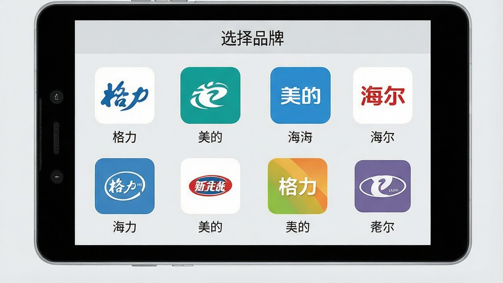 主体:万能空调遥控免费神器软件界面展示,屏幕上有“格力”、“美的”、“海尔”等品牌图标。布局:界面网格排列,品牌图标均匀分布。排版:图标下方标注品牌名称。风格:扁平化设计,色彩清新。细节:屏幕顶部有“选择品牌”字样,背景为浅灰色。画质:高清,干净,无多余元素。