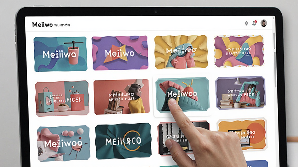 展示Meiiwo创意模板库的界面,屏幕上有多个不同风格的模板缩略图,每个模板都有独特的配色和布局,界面采用网格排列,用户手指正点击其中一个模板,画面清晰,色彩鲜艳,UI设计精美,画质干净无多余元素