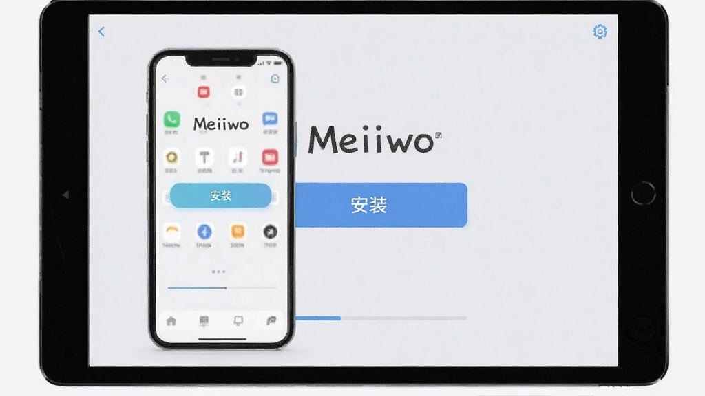 一张展示Meiiwo在手机和平板上的安装界面,屏幕上有“安装”按钮,背景为浅灰色,下方有进度条,整体风格简洁,画质清晰,干净无多余元素