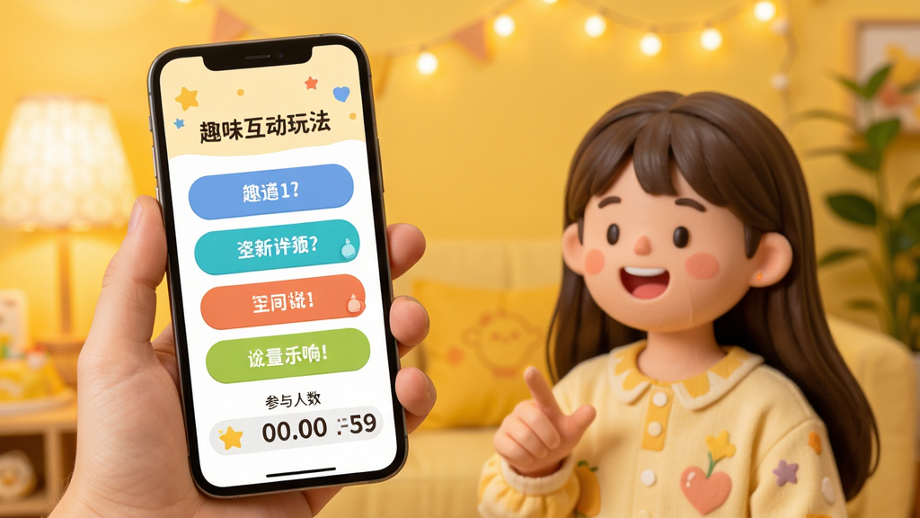 展示Meiiwo趣味互动玩法的场景,手机屏幕上显示一个投票界面,上面有几个选项按钮,下方有参与人数统计,背景为温暖的黄色调,整体氛围轻松愉快,画质清晰,UI设计活泼,干净无多余元素
