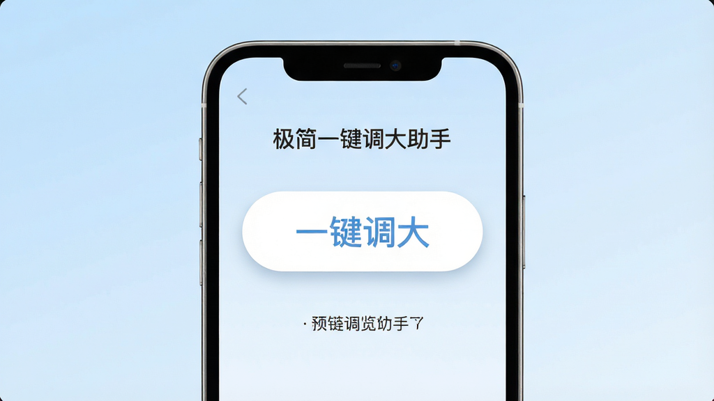 主体为一部亮屏的智能手机,屏幕中央显示“极简一键调大助手”的APP主界面,界面有醒目的“一键调大”大按钮。布局为手机居中,背景为柔和的浅蓝色渐变。排版简洁,按钮下方有字体大小预览文字。风格为现代扁平化UI设计,细节包括按钮的微阴影和圆角,画质高清,干净无多余元素。