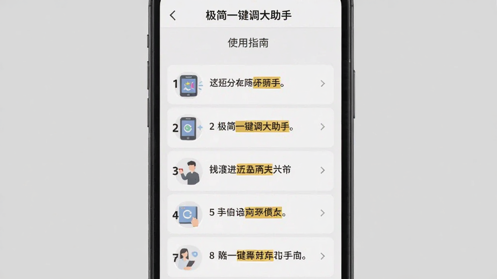 手机屏幕截图,展示“极简一键调大助手”的“使用指南”页面,以列表形式列出操作步骤,背景为浅灰。布局为图文混排,风格为扁平化插画,细节包括每一步骤前的数字序号和重点文字高亮,画质干净无多余元素。
