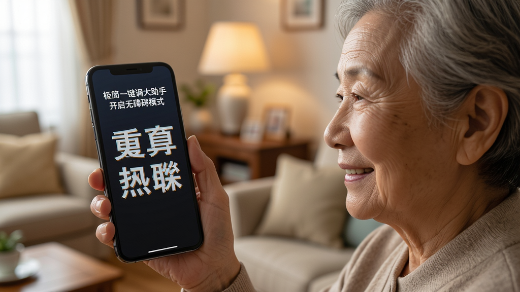 一位老年用户手持手机,屏幕显示“极简一键调大助手”开启无障碍模式后的界面,大字重且高对比度,背景为温馨的家庭客厅。布局为人物侧面特写,风格为写实摄影,细节包括屏幕上的大字体和用户满意的微笑,画质干净无多余元素。