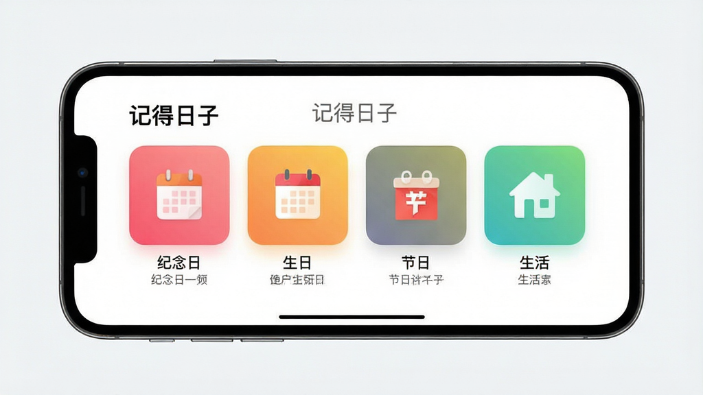 手机横屏展示「记得日子」的分类管理界面,主体是四列彩色卡片分类图标,分别标注「纪念日」、「生日」、「节日」、「生活」,每个图标下方有对应的小字说明。布局采用横向平铺,排版均衡,风格扁平化,细节上每个图标都带有不同的微渐变色彩,画质干净清爽,无多余元素