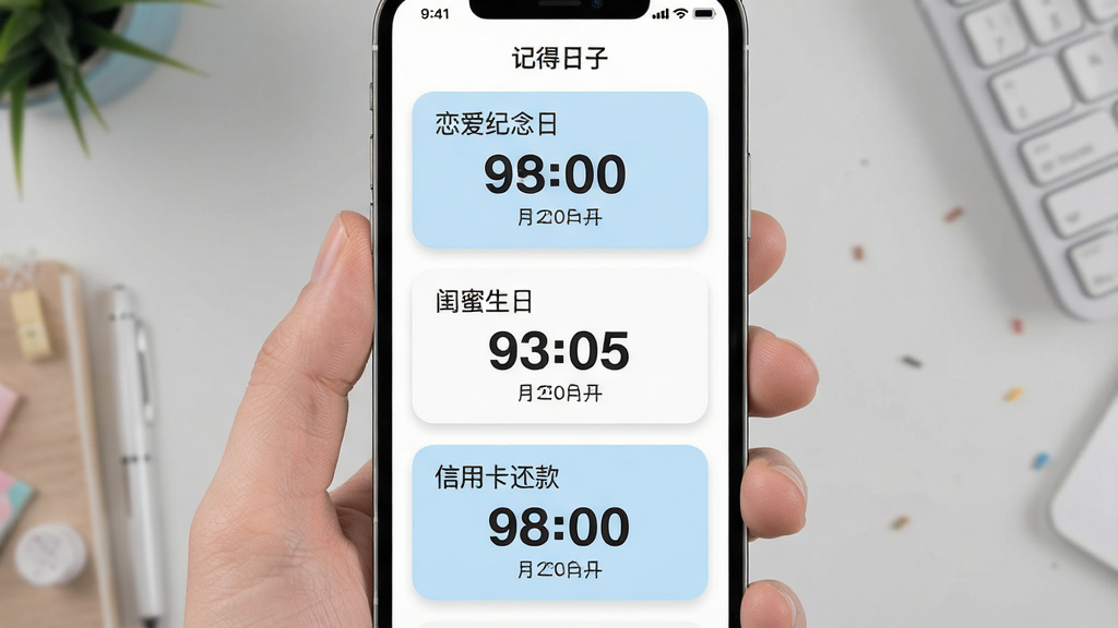 一张手机应用界面的俯视预览图,主体是「记得日子」App主屏幕,界面清晰展示「恋爱纪念日」、「闺蜜生日」、「信用卡还款」三个醒目卡片,每张卡片上都有对应的倒计时数字与日期。布局采用三段式纵向排列,排版规整,色彩以白色和淡蓝色为主,风格清新简约,细节上突出卡片圆角与柔和阴影,画质高清干净,无多余元素