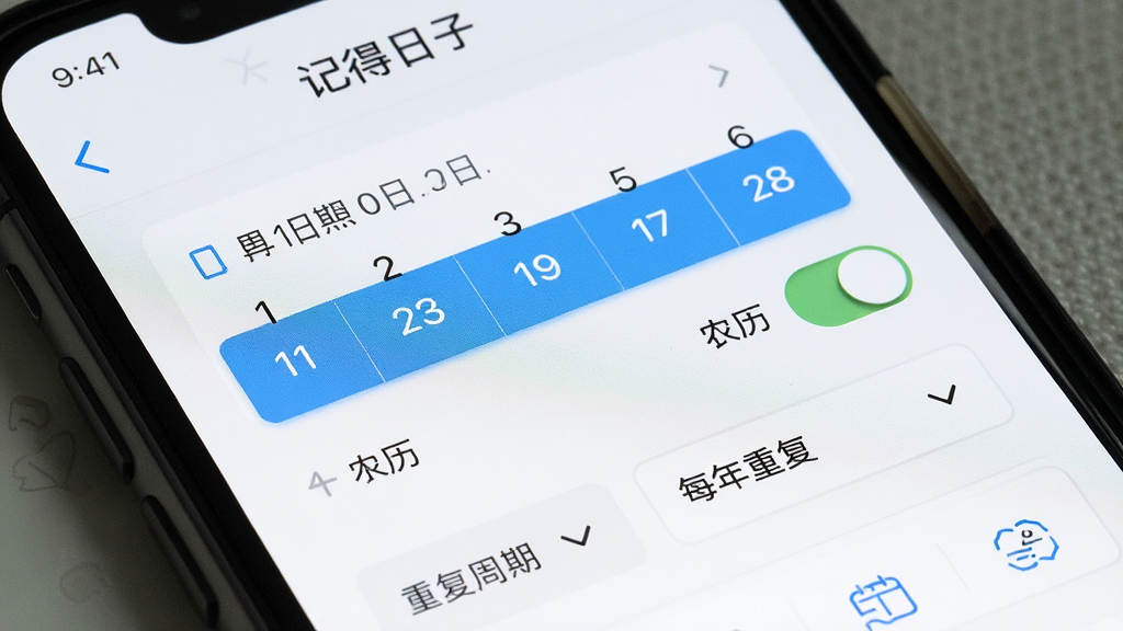 手机屏幕特写显示「记得日子」的日期编辑页面,主体是一个表单,包含日期选择器、农历开关、重复周期下拉菜单,当前选中「每年重复」选项。布局为纵向表单结构,排版清晰,风格简洁,细节上日期选择器高亮显示,画质干净,无多余元素