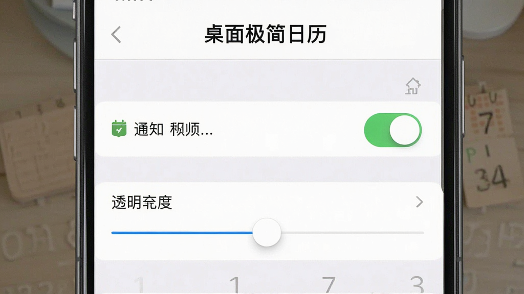 一张手机截图,主体为“桌面极简日历”的设置界面,布局居中,排版清晰,风格简洁,细节包括通知权限开关和透明度调节滑块,画质干净,无多余元素