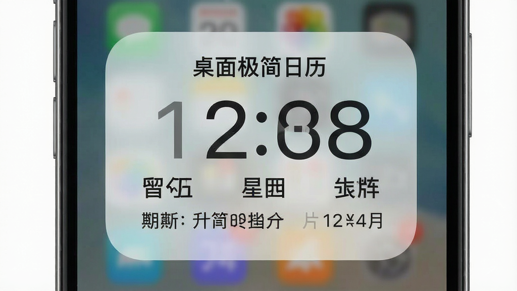 一张手机桌面截图,主体是“桌面极简日历”的桌面小部件,布局居中,显示当前日期、星期和农历,排版简洁,风格扁平化,细节包括半透明背景和圆角边框,画质清晰干净,无多余元素,文字标注“桌面极简日历”