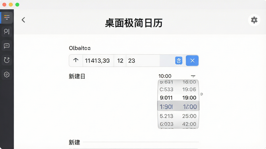 一张“桌面极简日历”日程编辑界面截图,主体为新建日程表单,布局居中,排版清晰,风格简洁,细节包含日期选择器和时间滚轮,画质干净,无多余元素