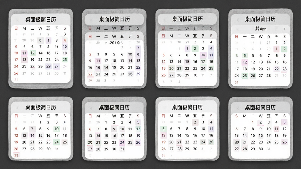 展示多款“桌面极简日历”小部件效果图,主体为不同尺寸的日历卡片,布局呈网格排列,排版整齐,风格简约,细节包括透明背景和柔和阴影,画质干净,无多余元素