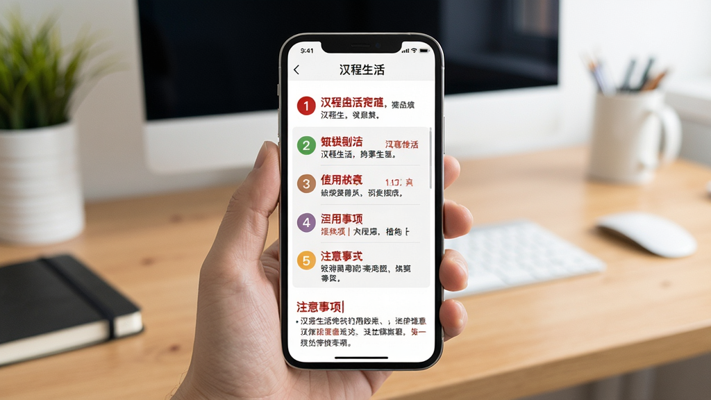 主体:手机屏幕展示汉程生活应用的使用指南页面,包含步骤列表和注意事项。布局:手机居中,背景为书桌与电脑。排版:步骤以清单形式呈现,重点文字用红色加粗。风格:简洁实用,色调明亮。细节:页面有“汉程生活”字样,步骤旁有数字图标。画质:高清,干净,无多余元素。