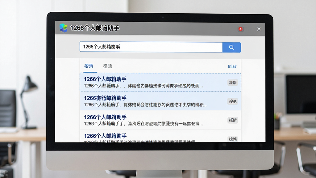 主体为电脑屏幕,屏幕中显示“1266个人邮箱助手”的搜索界面,搜索框内输入关键词,下方以列表形式呈现搜索结果,并高亮显示匹配的邮件标题和正文片段。布局为单栏列表,排版清晰,风格商务,色调以灰色和白色为主,细节丰富,画质高清,干净无多余元素。
