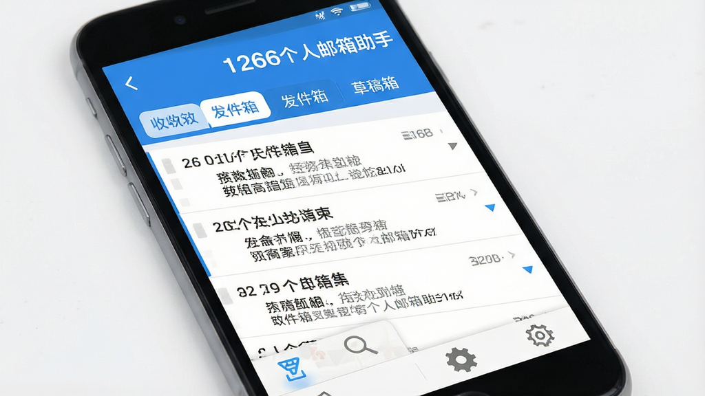 画面主体为一部智能手机屏幕,屏幕中显示“1266个人邮箱助手”应用界面,界面顶部有收件箱、发件箱、草稿箱等标签页,中间是邮件列表,底部有撰写、搜索、设置等图标。整体布局清晰简洁,风格为扁平化设计,色调以蓝色和白色为主,细节丰富,画质高清,干净无多余元素。