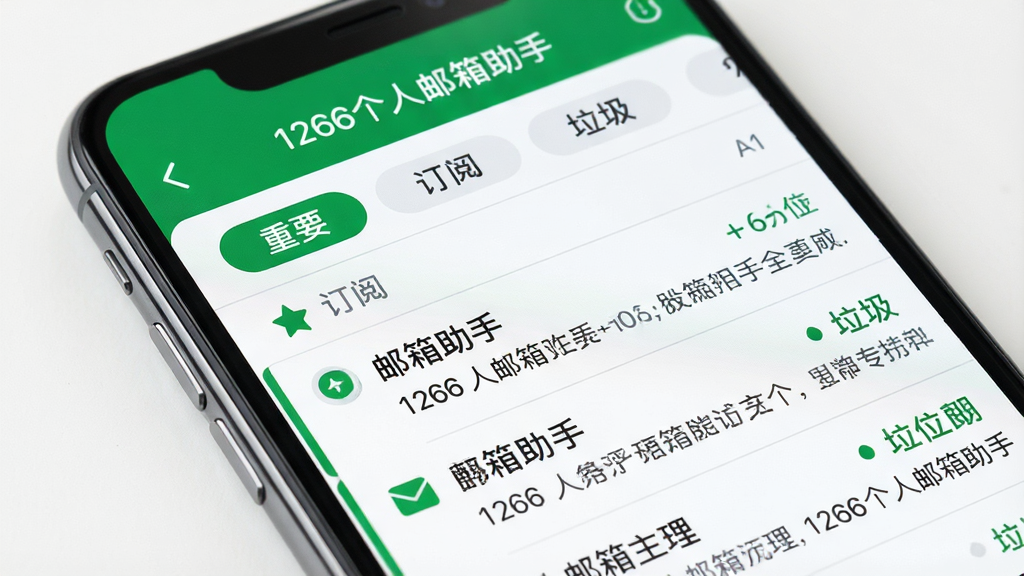 主体为手机屏幕特写,屏幕中显示“1266个人邮箱助手”的邮件分类界面,邮件被分为“重要”、“订阅”、“垃圾”等标签页,每个标签页下有不同的邮件列表。布局为上下滑动式,排版整洁,风格简约,色调以绿色和白色为主,细节丰富,画质高清,干净无多余元素。