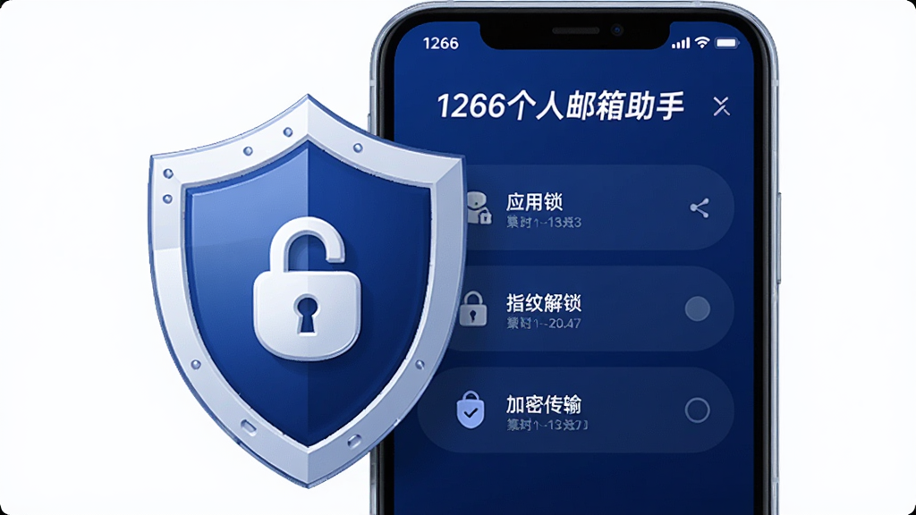 主体为盾牌图标与手机屏幕结合,屏幕中显示“1266个人邮箱助手”的安全设置界面,包括应用锁、指纹解锁、加密传输等选项。布局为列表式,排版简洁,风格科技感,色调以深蓝和白色为主,细节丰富,画质高清,干净无多余元素。