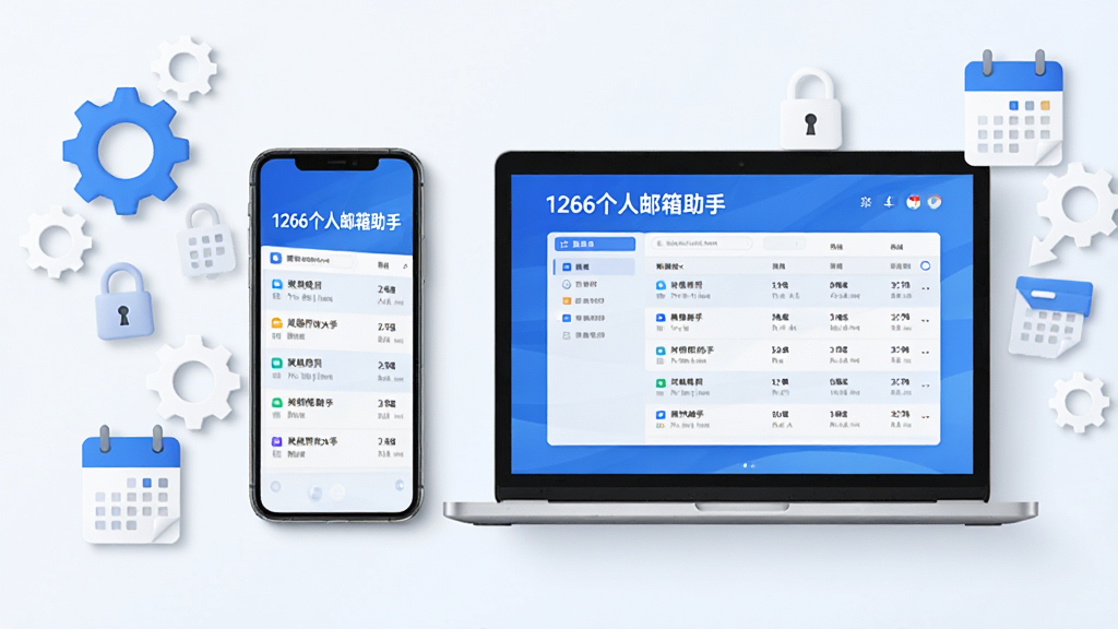 主体为一部智能手机和一台笔记本电脑并排摆放,屏幕上显示“1266个人邮箱助手”的收件箱界面,周围有齿轮图标、锁图标和日历图标装饰。布局为平铺展示,排版简洁,风格商务,色调以蓝色和白色为主,细节丰富,画质高清,干净无多余元素。