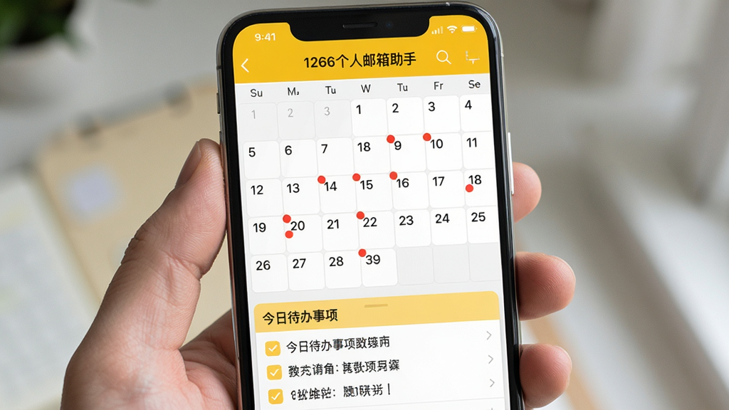 主体为手机屏幕,屏幕中显示“1266个人邮箱助手”的日历界面,日期格中带有小红点提醒标记,下方有今日待办事项列表。布局为月视图,排版清晰,风格清新,色调以黄色和白色为主,细节丰富,画质高清,干净无多余元素。