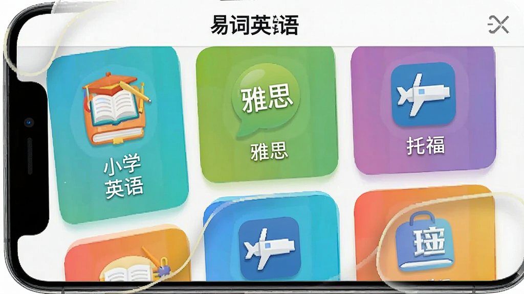 易词英语词库选择页面,手机界面显示多个词库图标如“小学英语”、“雅思”、“托福”,背景为彩色卡片排列,屏幕上方有“易词英语”导航栏,风格清新活泼,高清晰度,干净无多余元素