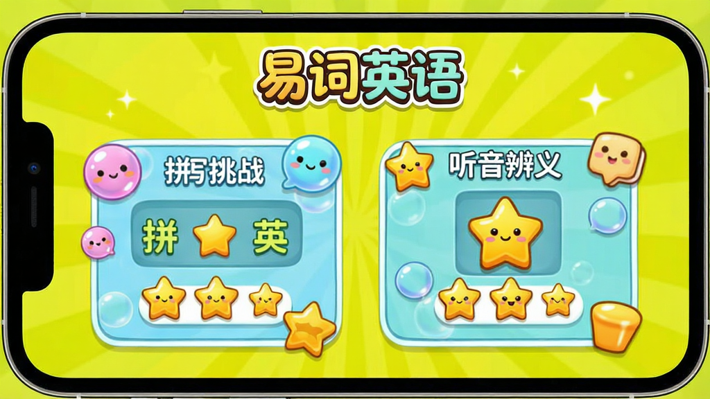 易词英语趣味学习模式界面,展示拼写挑战和听音辨义的游戏画面,屏幕上有彩色气泡和奖励星星,背景为明亮的黄绿色,手机居中,顶部有“易词英语”logo,风格卡通可爱,画质清晰,干净无多余元素
