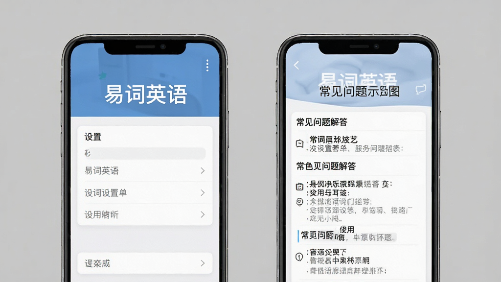 易词英语使用指南示意图,展示手机操作界面,包含设置菜单和常见问题解答列表,背景为简洁的灰色调,手机屏幕上有“易词英语”字样,画质清晰,干净无多余元素