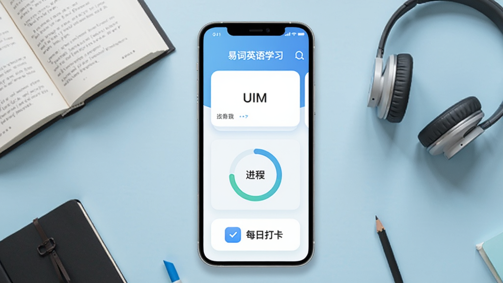 易词英语学习应用主界面,展示单词卡片、进度环和每日打卡图标,背景为浅蓝色渐变色,手机居中摆放,周围有书本、耳机等学习元素,整体风格简洁现代,高清晰度,干净无多余元素