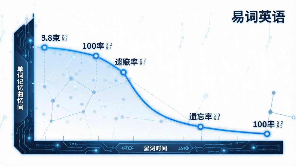 易词英语智能记忆曲线示意图,展示单词复习时间点与遗忘率下降的图表,背景为白色,图表线条为蓝色,右上角有“易词英语”字样,风格简洁科技感,画质清晰,干净无多余元素