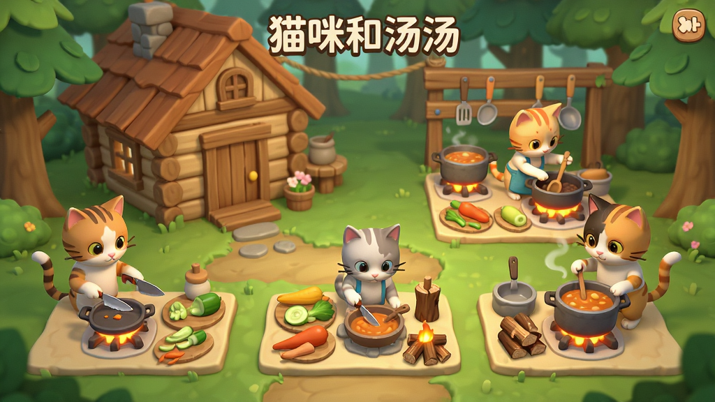《猫咪和汤》游戏主界面预览图,展示森林中的小木屋和多个烹饪区域,几只猫咪正在忙碌地切菜、搅拌、添加柴火,画面色彩柔和,卡通渲染风格,细节精致,画质高清,干净无多余元素