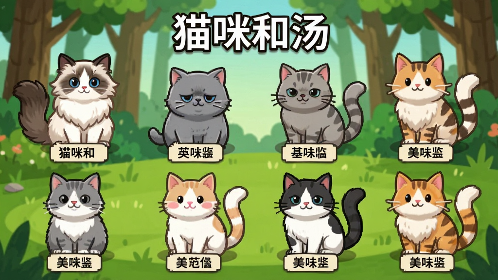 《猫咪和汤》猫咪收集图鉴预览图,展示多种不同品种的猫咪,包括布偶猫、英短、美短等,每只猫咪都带有名字标签,背景是森林和草地,卡通风格,色彩鲜艳,细节丰富,画质清晰,干净无多余元素