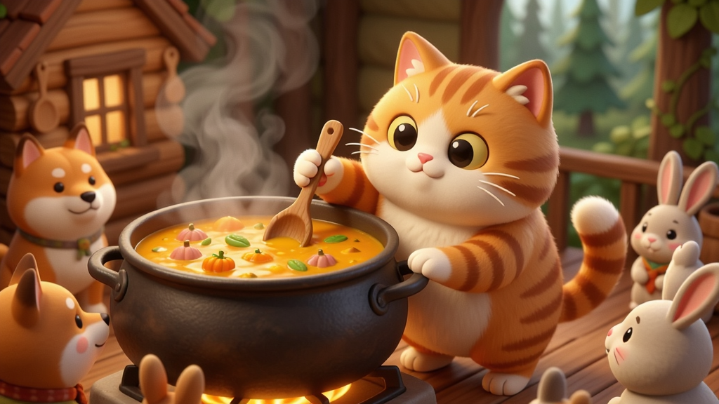 画面中央是一只憨态可掬的橘猫正用爪子搅拌一口冒着热气的大锅,锅里是金黄色的南瓜汤,周围有柴犬、兔子等小动物围观,背景是温馨的小木屋和森林,整体风格清新治愈,卡通渲染,柔和的暖色调,细节丰富,毛发清晰可见,画质精美,干净无多余元素