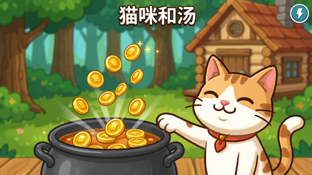 《猫咪和汤》游戏实际玩法截图,展示玩家点击汤锅收集金币的瞬间,屏幕上弹出金币飘动特效,猫咪表情满足,背景是森林小屋,卡通风格,画面清晰,色彩明亮,干净无多余元素