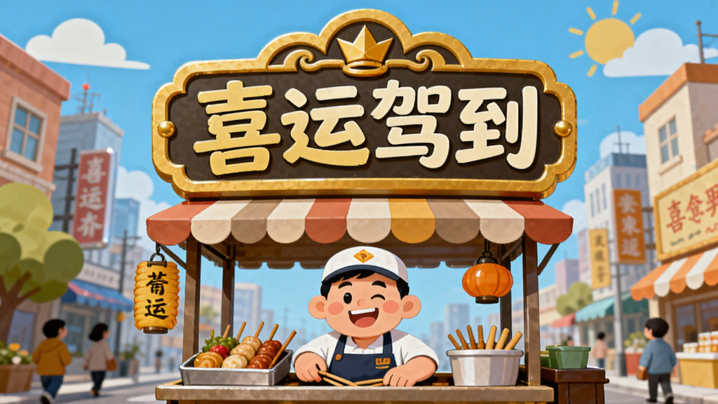 画面中央是一个带有“喜运驾到”字样的金色招牌,下方是卡通风格的街边小吃摊和 smiling 的老板角色,背景是充满活力的都市街景,阳光明媚,整体布局以招牌为核心向四周展开,采用扁平化2D插画风格,细节丰富,色彩明亮清新,画质干净无多余元素。