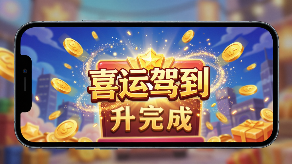 一张手机屏幕特写,屏幕上显示“喜运驾到”游戏内店铺升级完成的庆祝画面,周围有金色粒子特效和飘落的金币,画面明亮,构图以手机屏幕为中心,采用写实摄影风格,对焦清晰,背景虚化,画质高清干净。