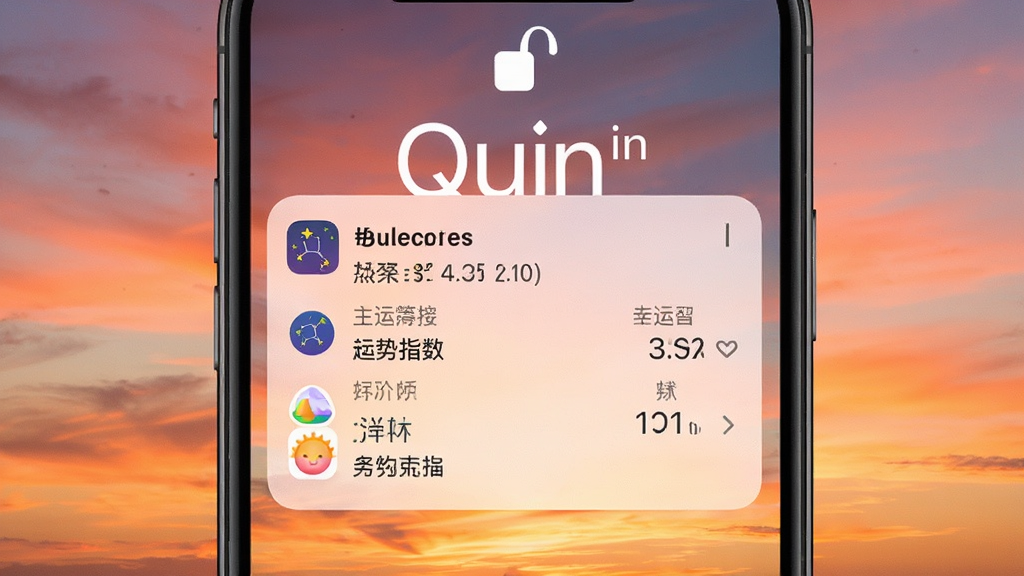 手机锁屏界面显示Quin的每日运势推送通知,内容包含星座图标、运势指数与幸运色,背景是绚丽的日出天空,色彩温暖,文字简洁明了,画面干净,突出“Quin”应用名称,画质细腻,无多余元素。