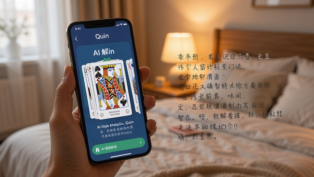 一位用户手持手机,屏幕上显示“Quin”应用的AI解牌界面,牌面卡片清晰可见,旁边有详细的文字解读,背景是温馨的卧室灯光,画面柔和,重点突出AI智能分析与个性化解读,文字“Quin”在屏幕上方显示,整体风格现代简洁,画质清晰,无多余元素。