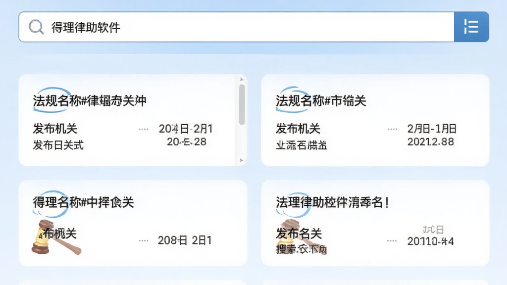 得理律助软件的法律检索页面截图,顶部为搜索框,下方以卡片形式列出搜索结果,每张卡片显示法规名称、发布机关和发布日期,背景为淡蓝色渐变,整体布局清晰,文字可辨,画质干净,无多余元素
